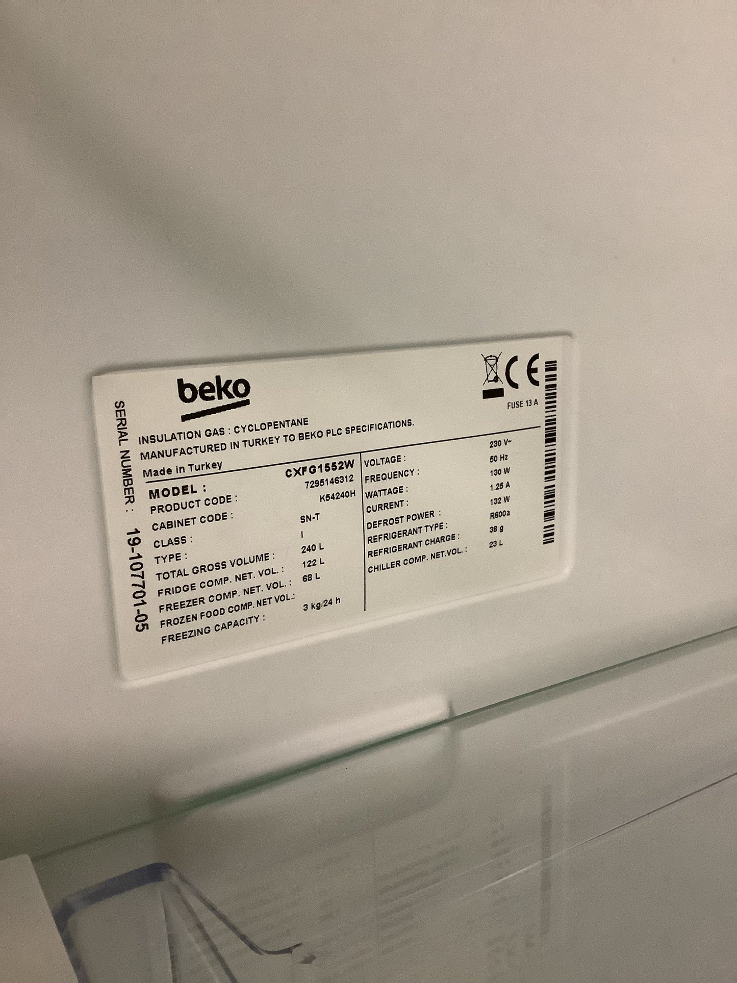 Beko Fridge Freezer CXFG1552W L49309