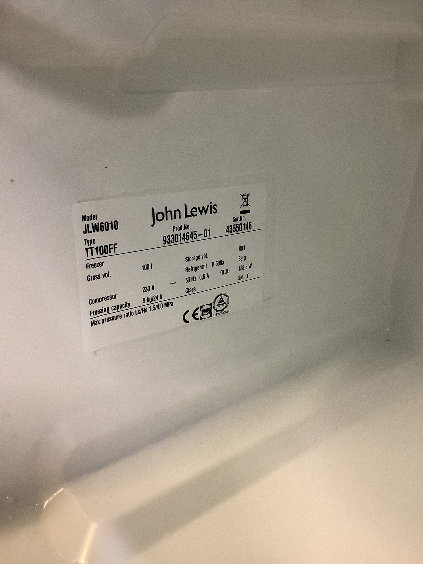 John Lewis Undercounter Freezer JLW6010 L49314