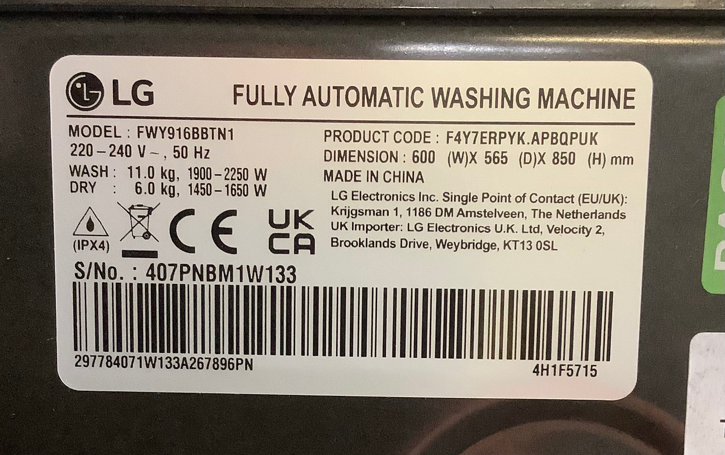 LG 11kg/6kg Washer Dryer FWY916BBTN1 { WiFi Enabled } L48748