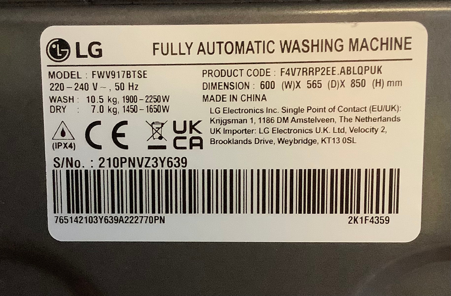 LG 10.5kg/7kg Washer Dryer FWV917BTSE ( WiFi Enabled ) L48724