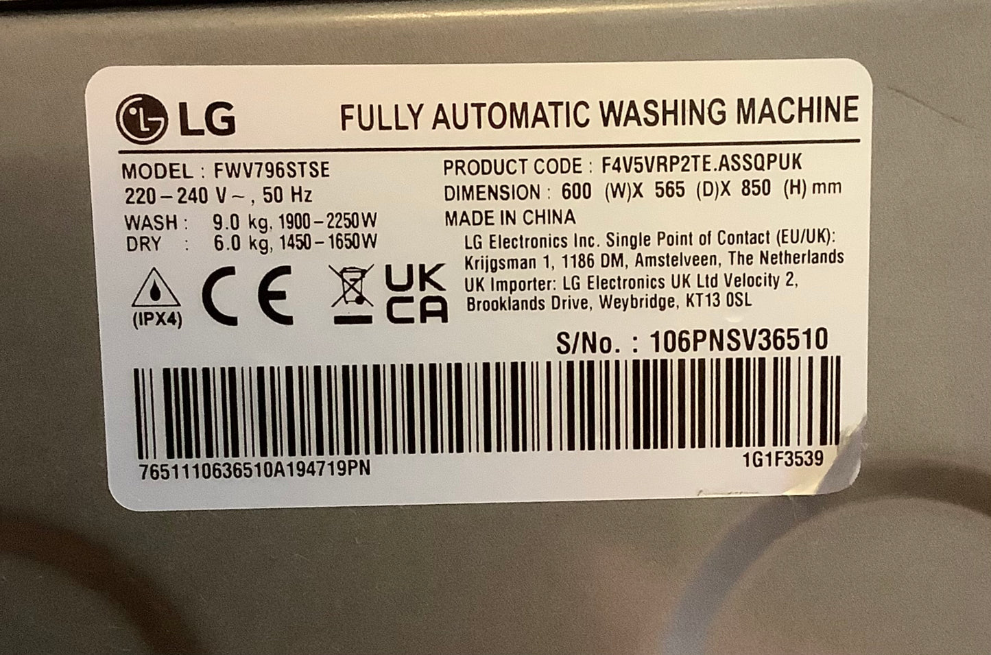 LG 9kg/6kg Washer Dryer FWV796STSE ( WiFi Enabled ) L48749