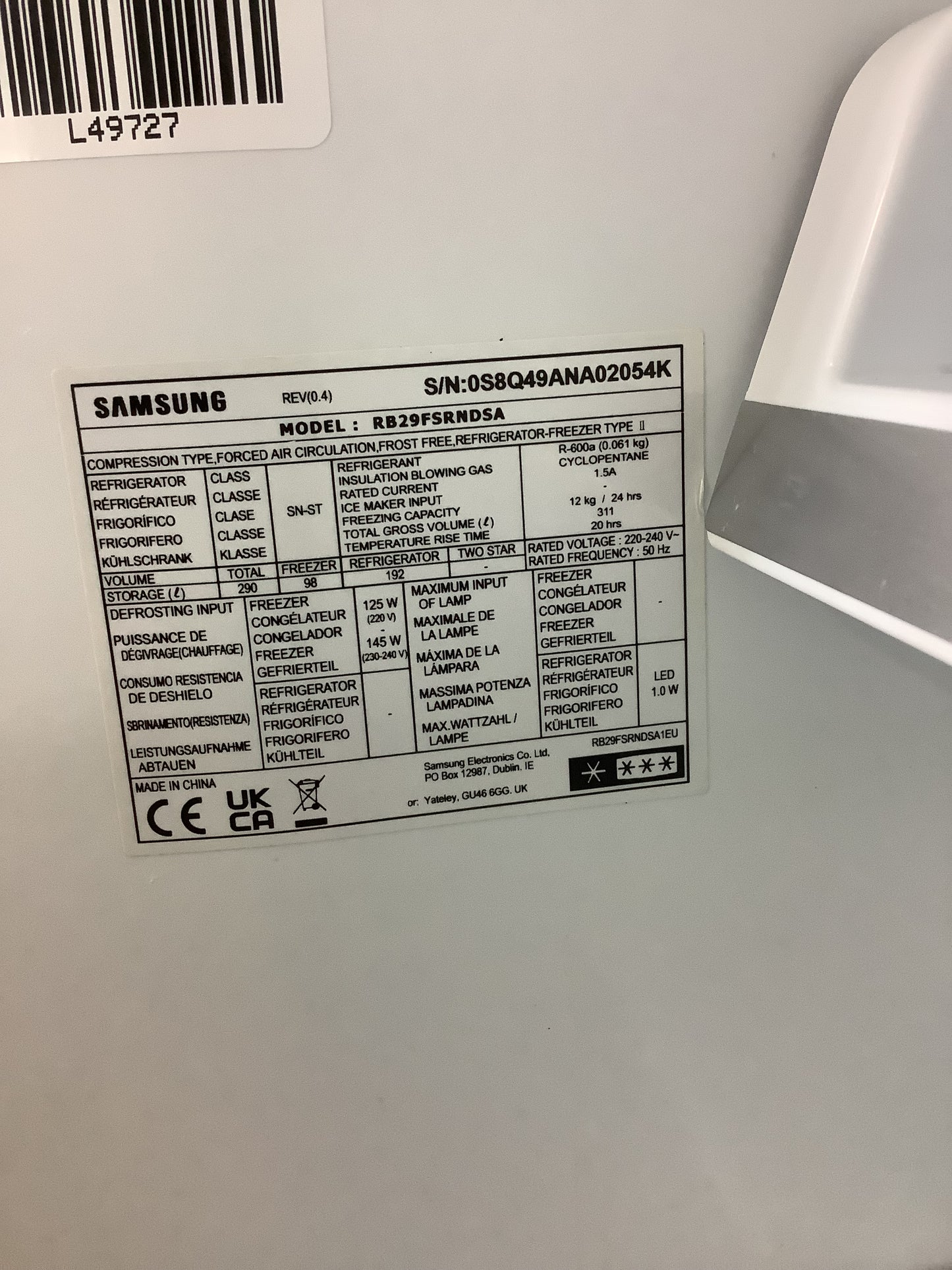 Samsung Fridge Freezer RB29FSRNDSA L49727