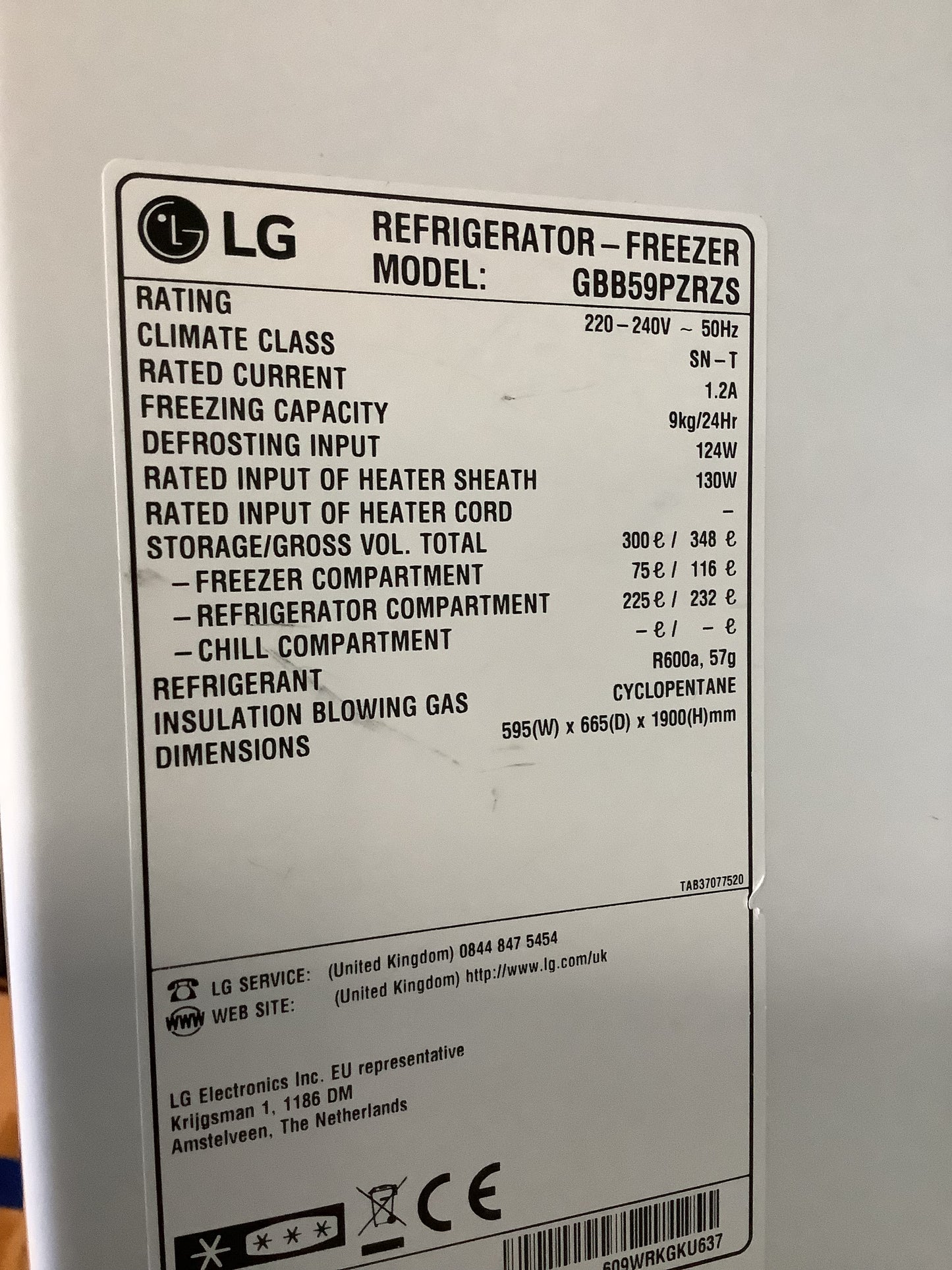LG Fridge Freezer GBB59PZRZS L48228