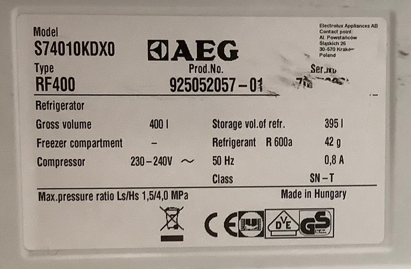 AEG Freestanding Fridge S74010XO L48670