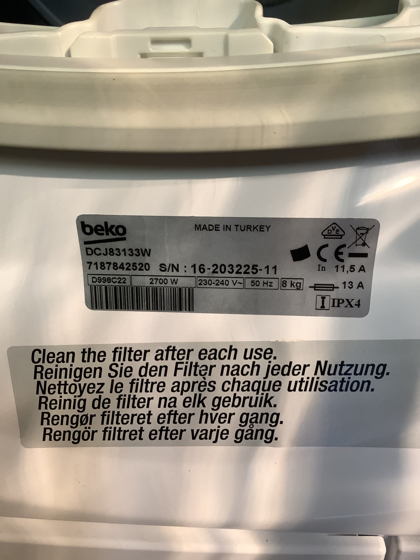 Beko 8kg Tumble Dryer DCJ83133W L48388