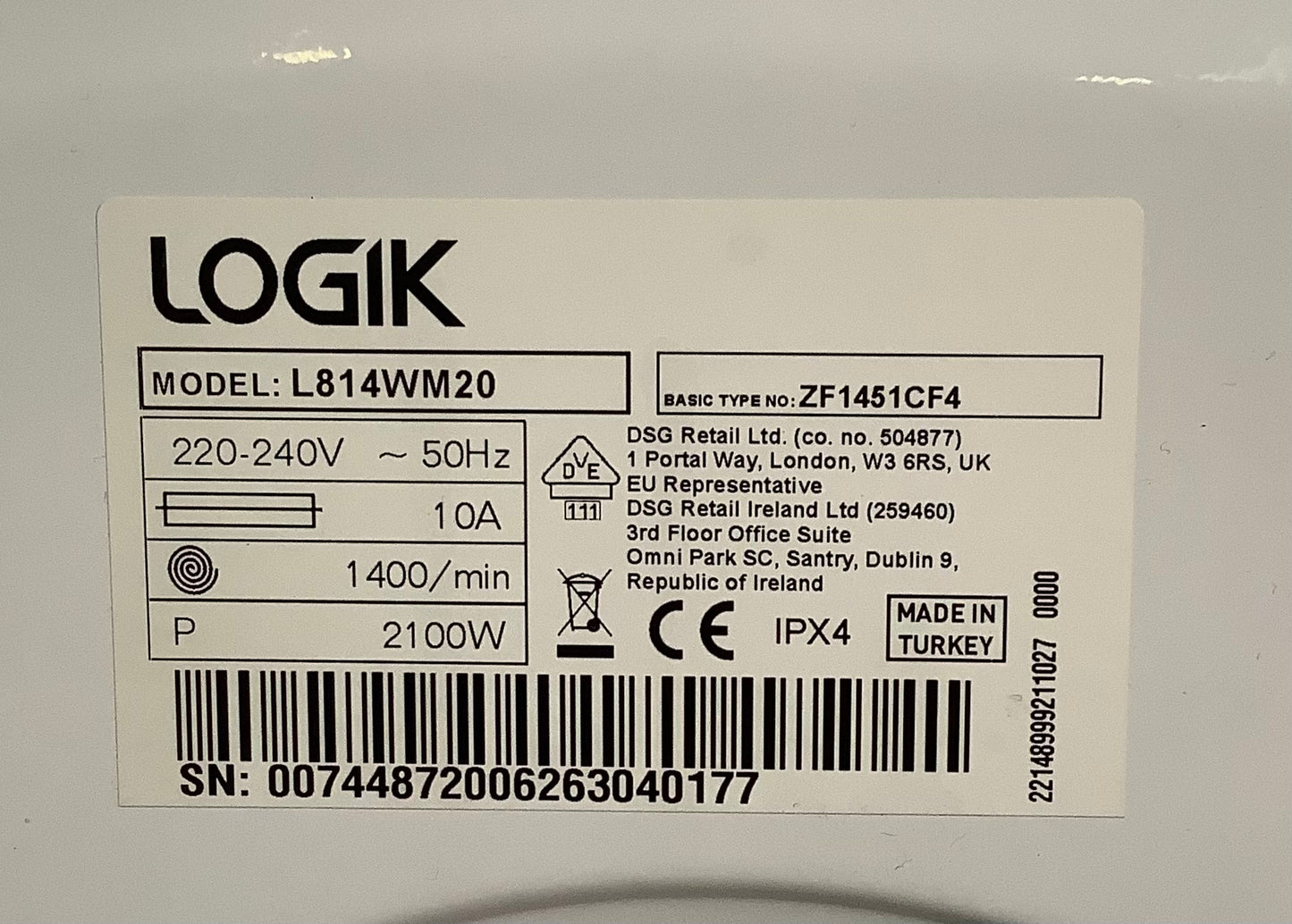 Logik 8kg Washing Machine L814WM20 L48981