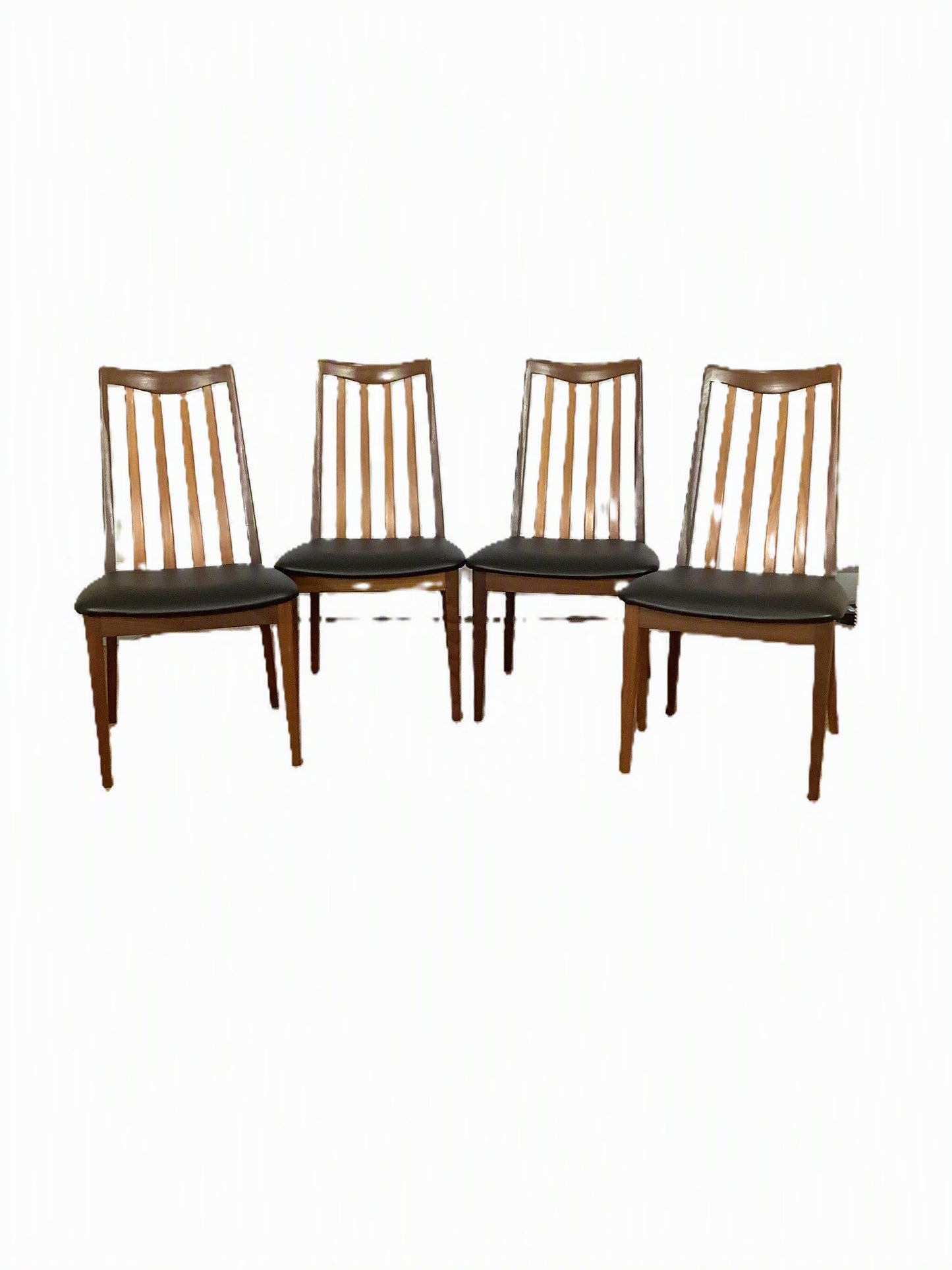 G Plan x 4 Teak / Black Faux Leather Dining Chairs F27500