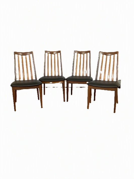 G Plan x 4 Teak / Black Faux Leather Dining Chairs F27500