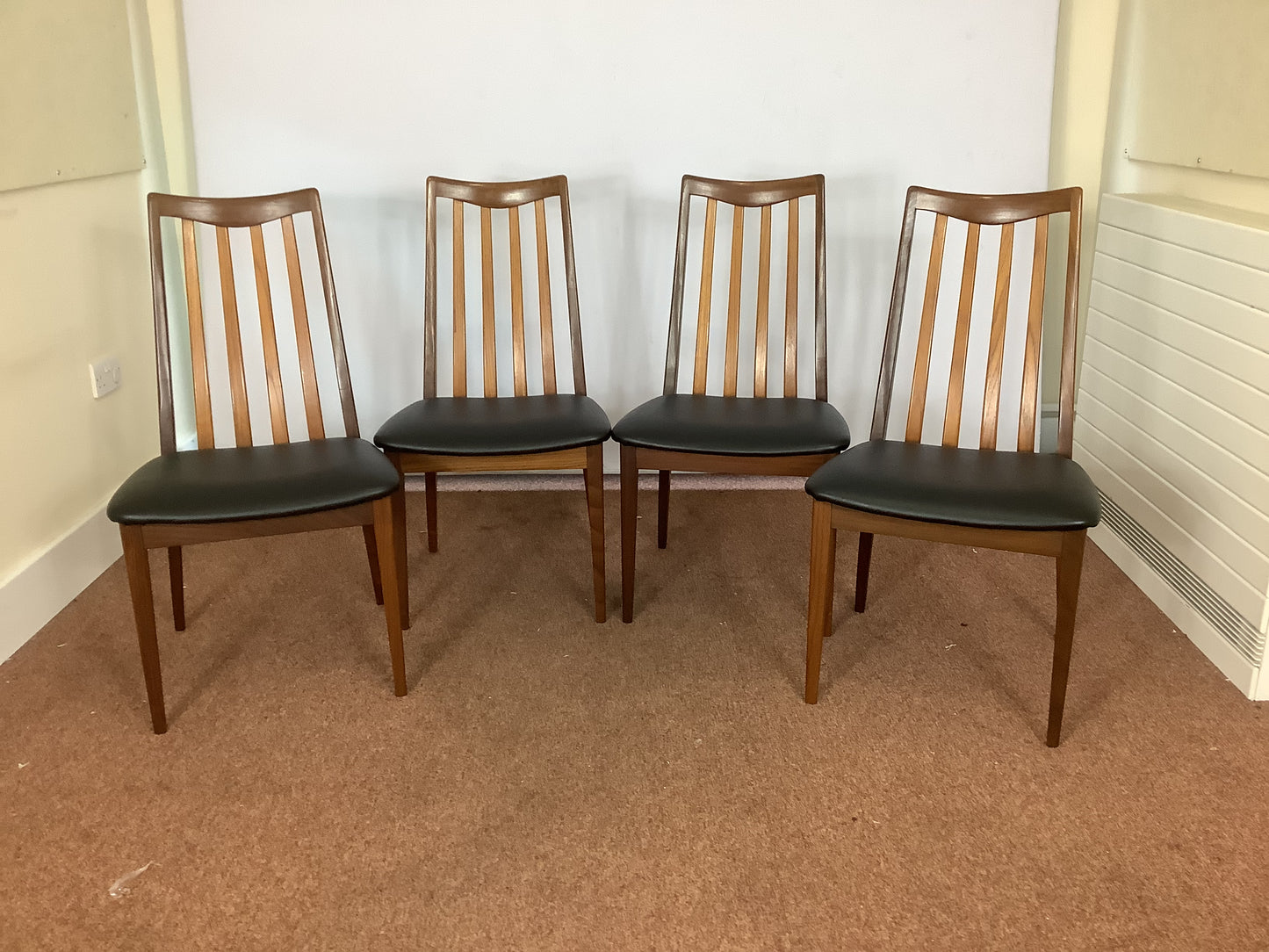 G Plan x 4 Teak / Black Faux Leather Dining Chairs F27500
