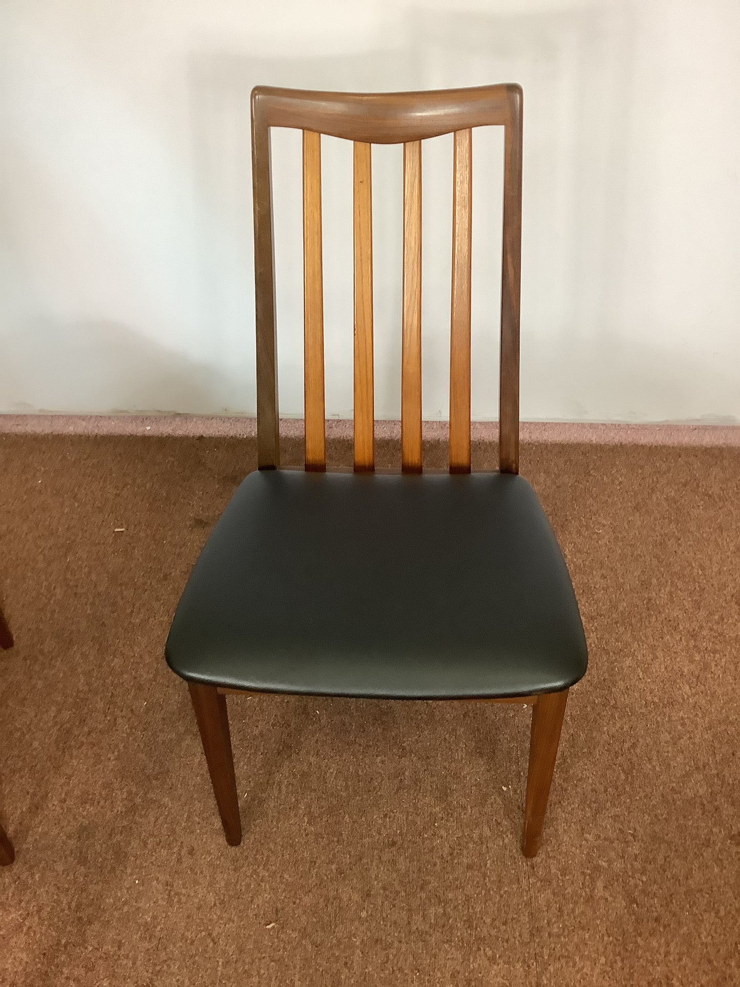 G Plan x 4 Teak / Black Faux Leather Dining Chairs F27500