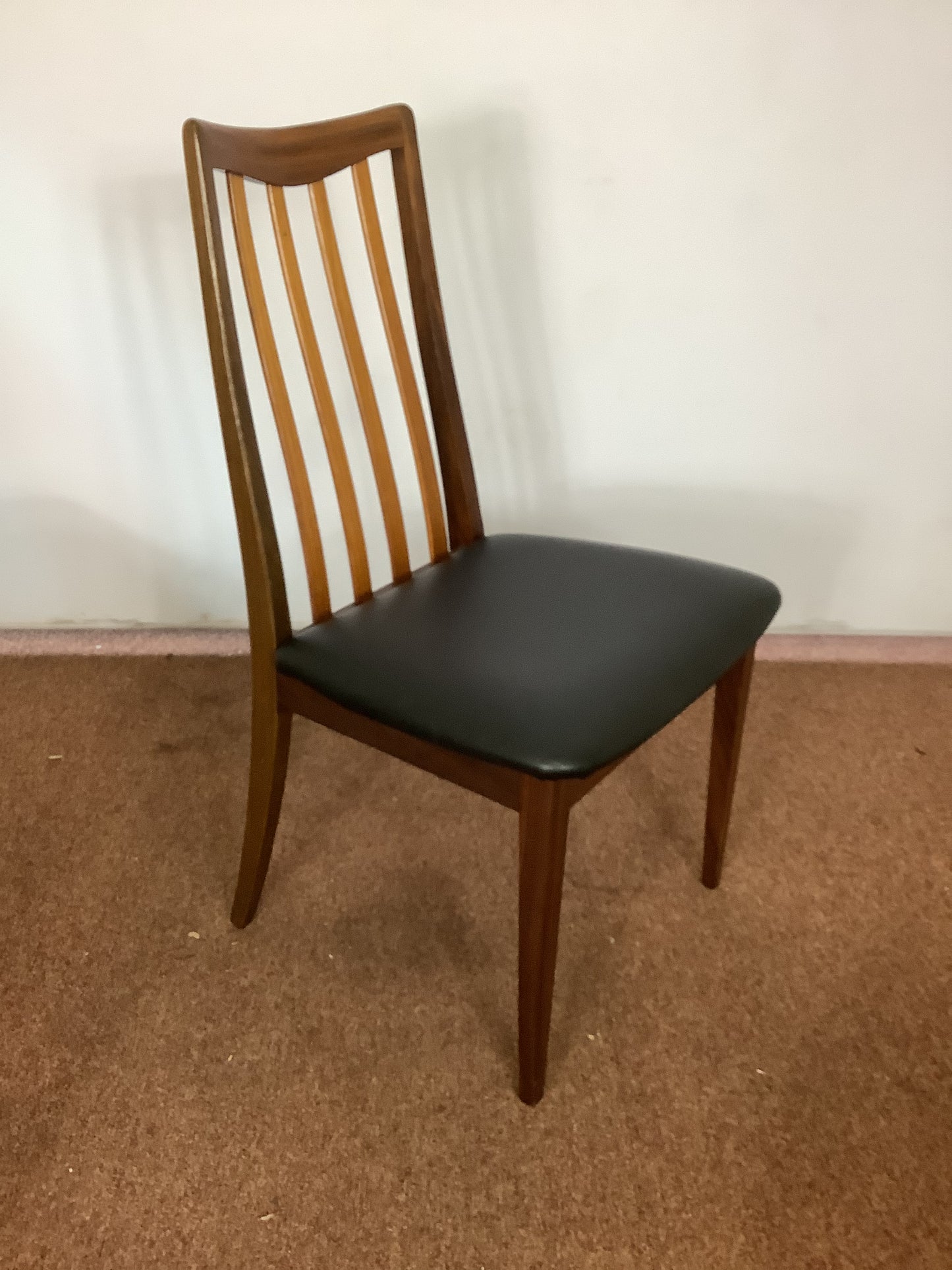 G Plan x 4 Teak / Black Faux Leather Dining Chairs F27500