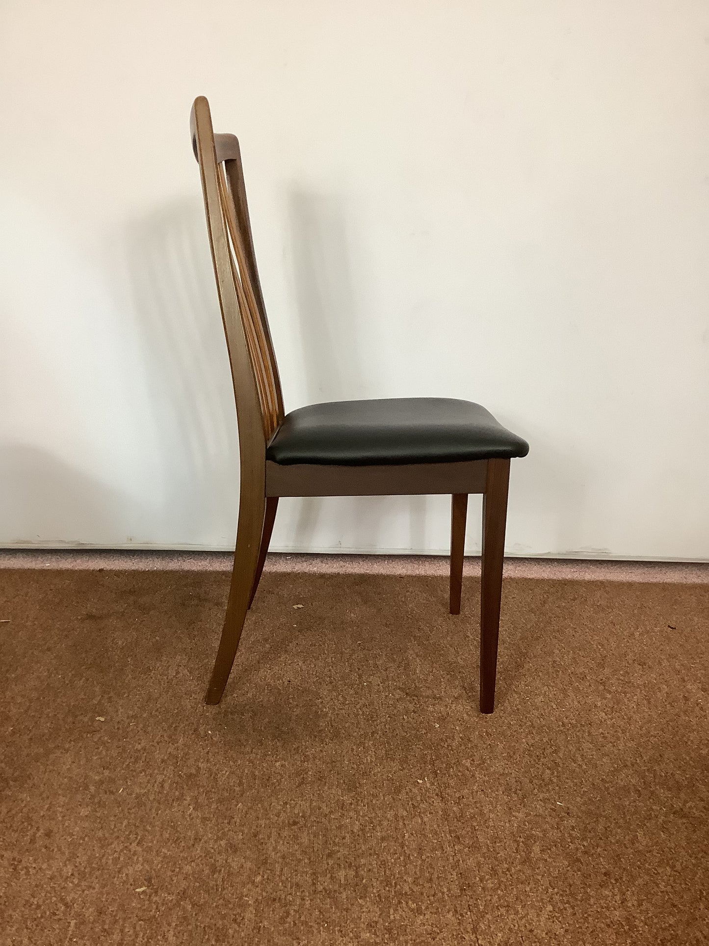 G Plan x 4 Teak / Black Faux Leather Dining Chairs F27500