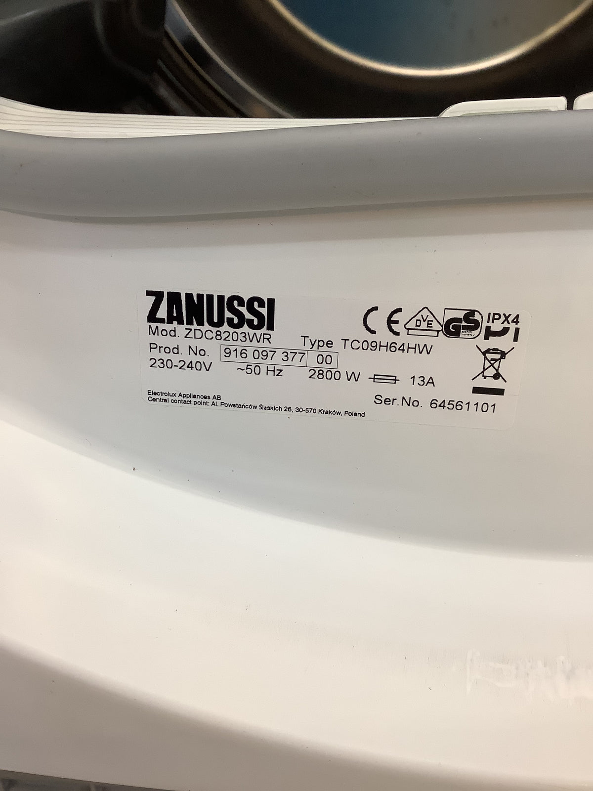 Zanussi 8kg Condenser Tumble Dryer ZDC8203WR L52536