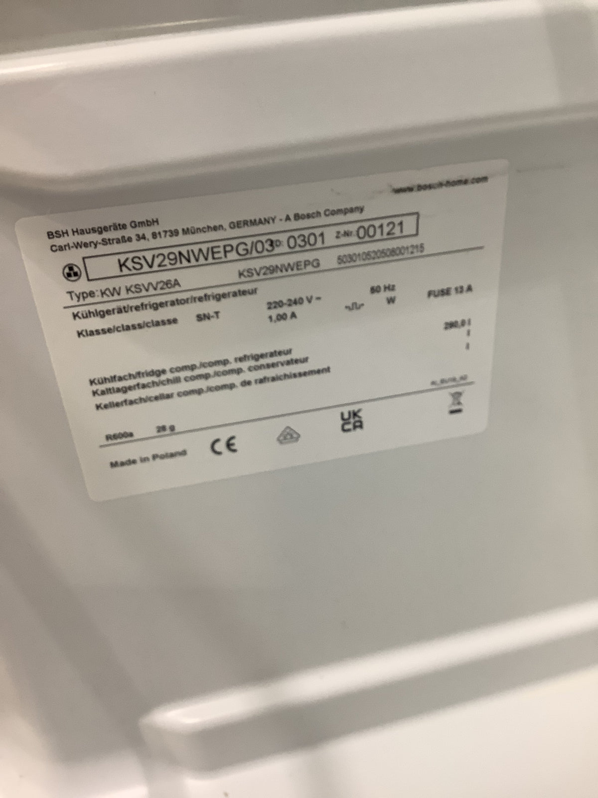 Bosch Freestanding Fridge KSV29NWEPG L53092