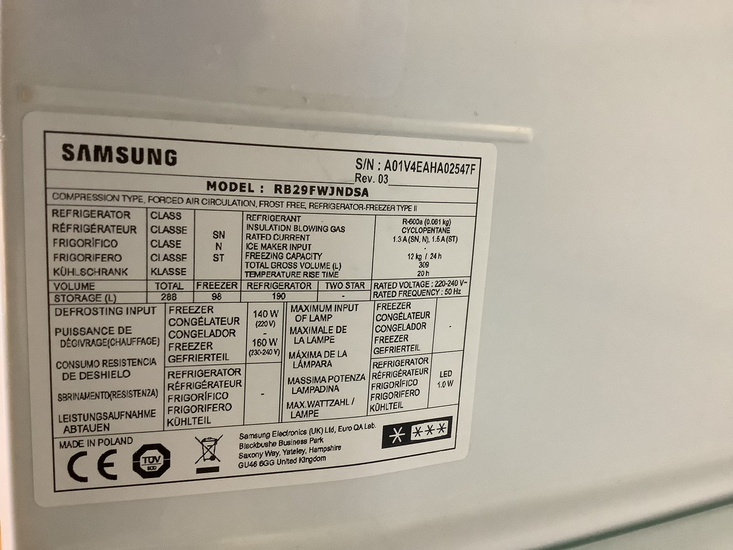 Samsung Fridge Freezer RB29FWJNDSA L47535