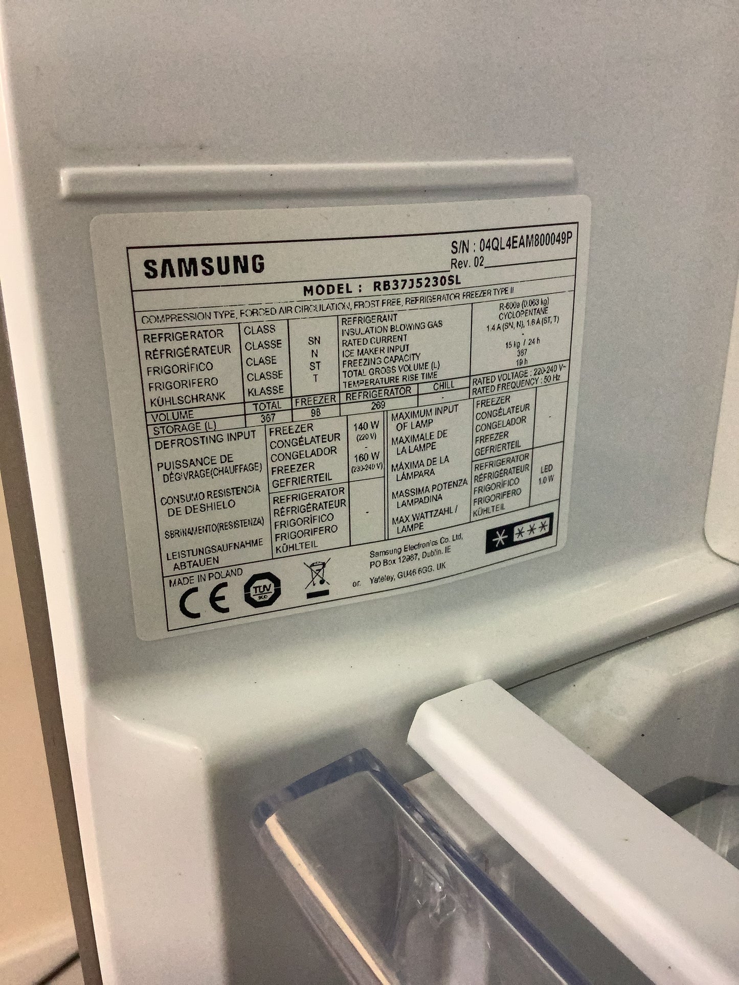 Samsung Fridge Freezer RB37J5230SL L49577