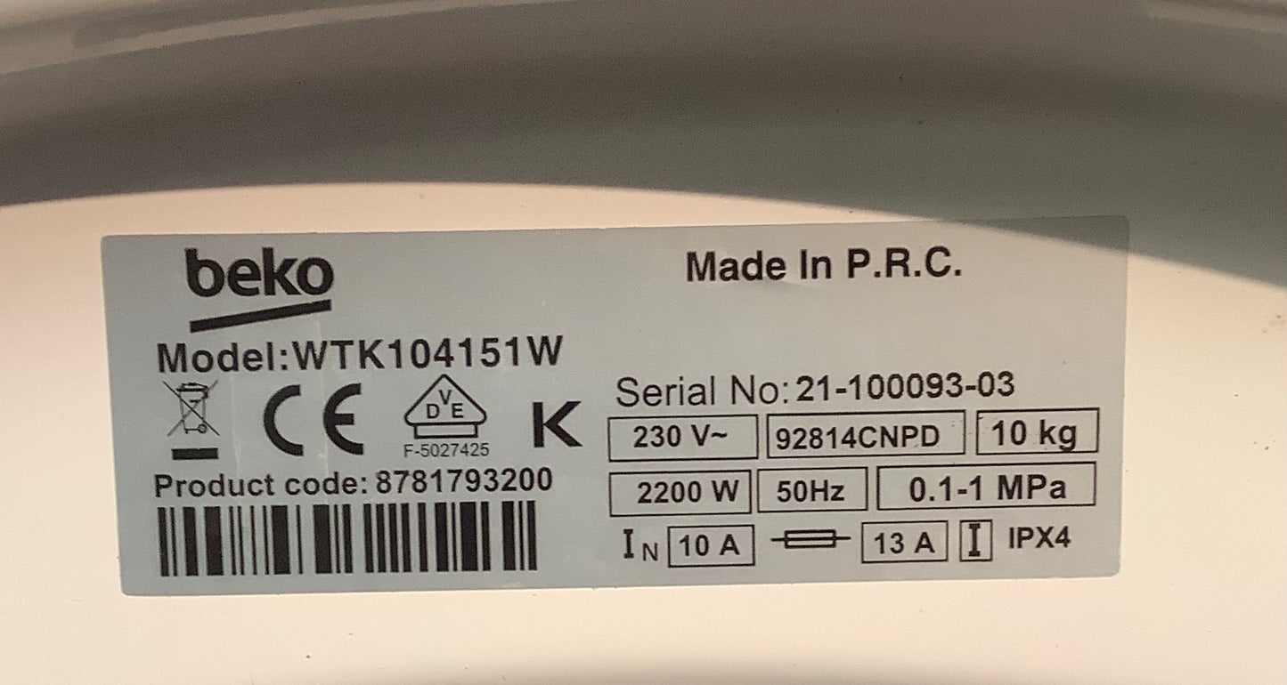 Beko 10kg Washing Machine WTK104151W L48732