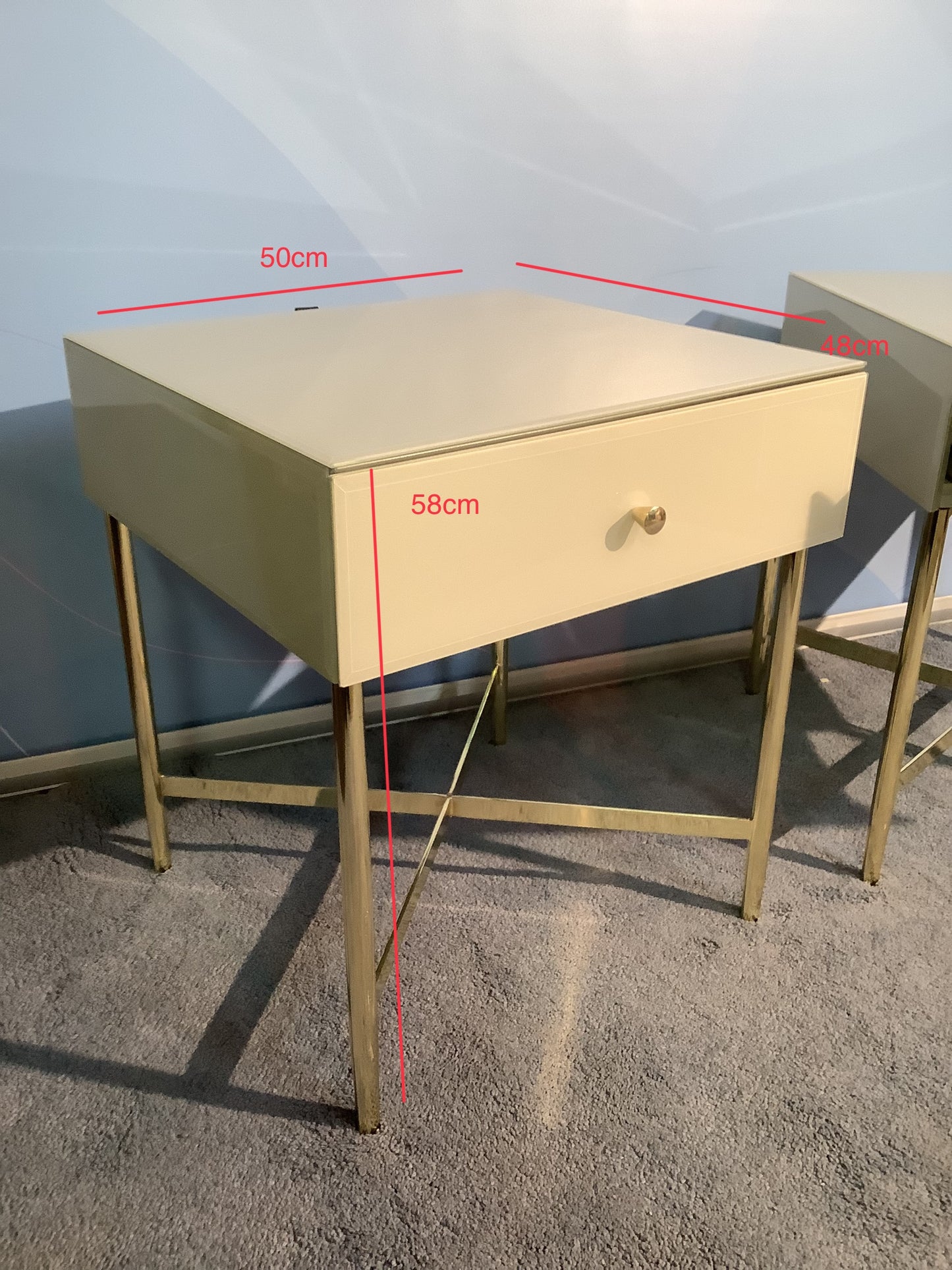 2 x John Lewis Glass Covered / Metal Bedside Tables F26110 A