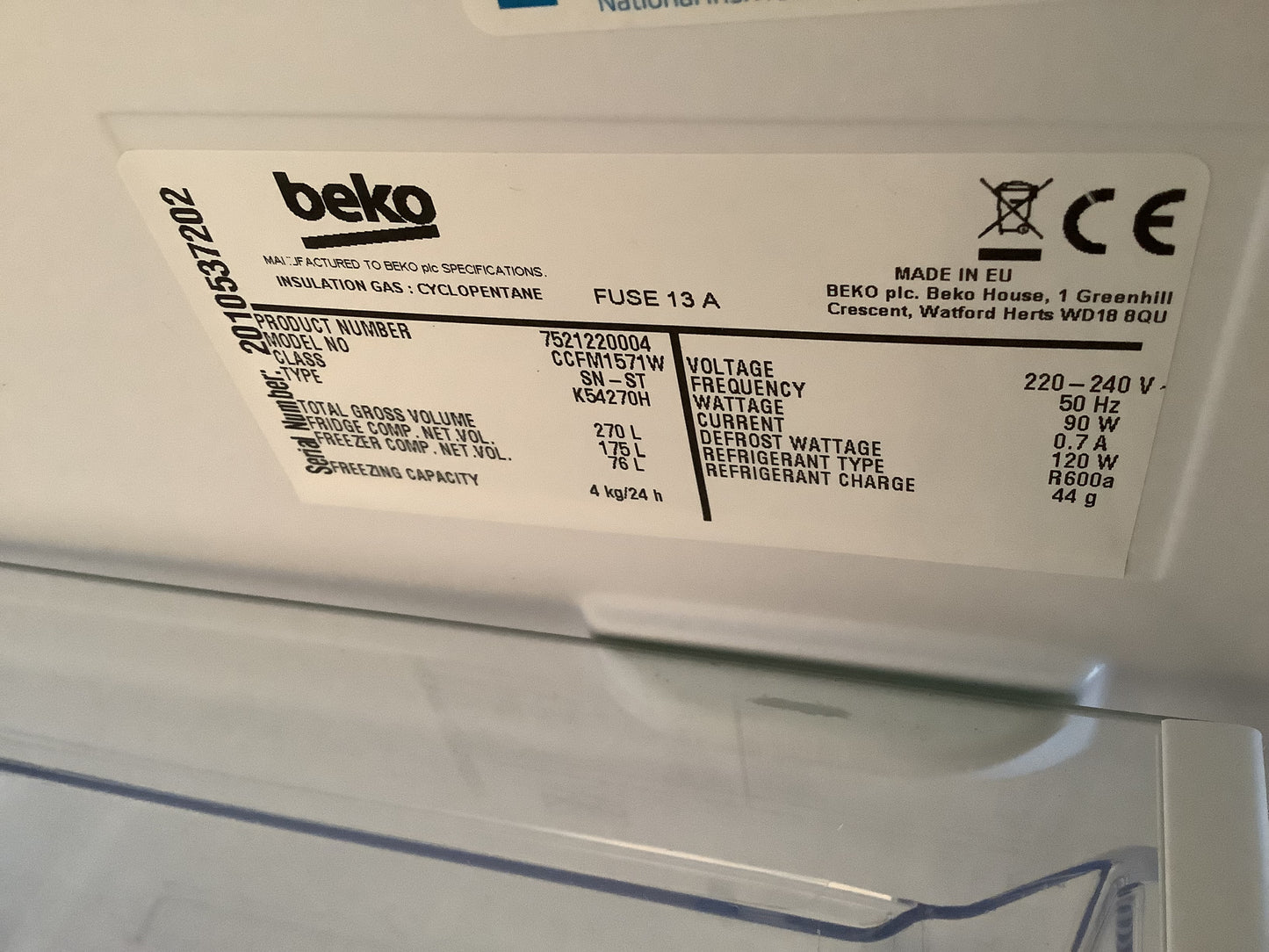 Beko Fridge Freezer CCFM1571W L47770