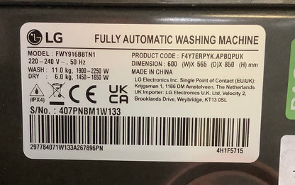 LG 11kg/6kg Washer Dryer FWY916BBTN1 { WiFi Enabled } L48748