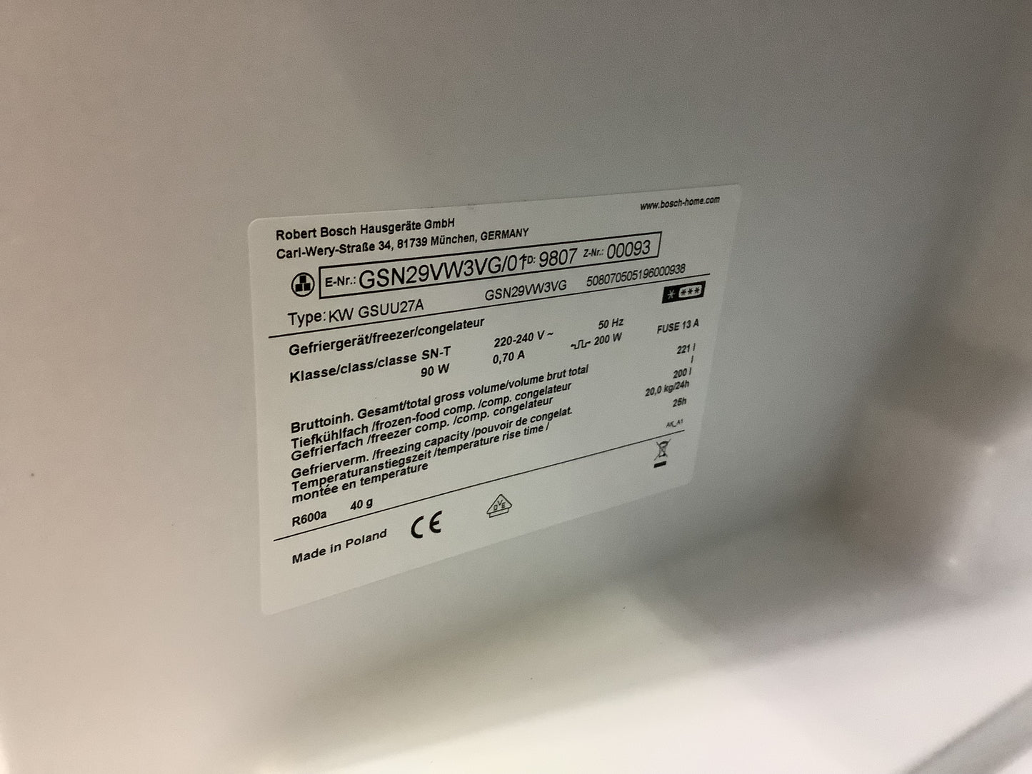 Bosch Freestanding Freezer GSN29VW3VG L50262