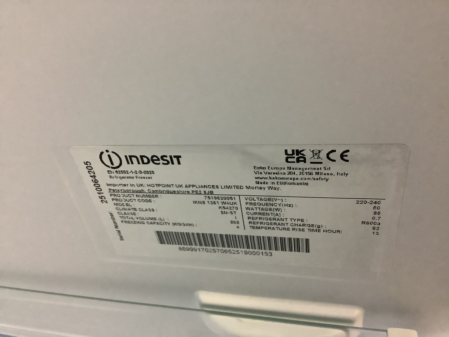 Indesit Fridge Freezer IKNS 1261 W4UK L50735