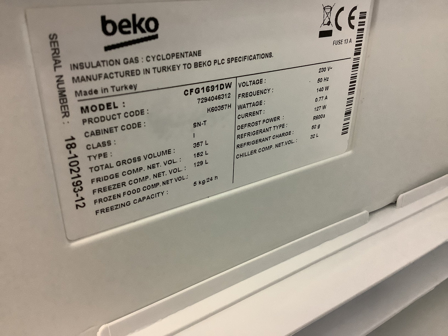 Beko Fridge Freezer CFG1691DW L50707
