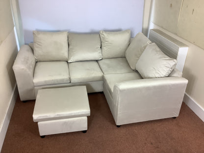 4 Seat Cream Plush Velvet L Shaped Corner Sofa & Footstool F27445