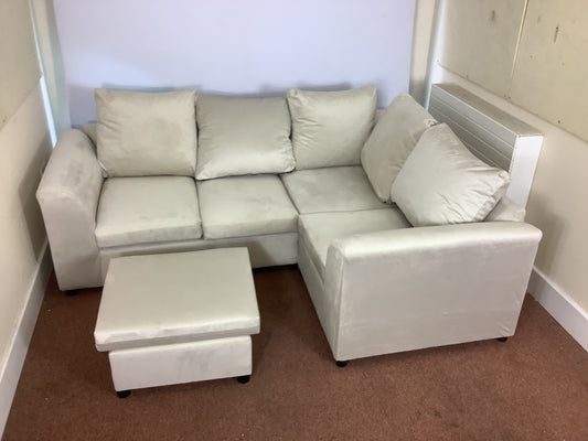 4 Seat Cream Plush Velvet L Shaped Corner Sofa & Footstool F27445