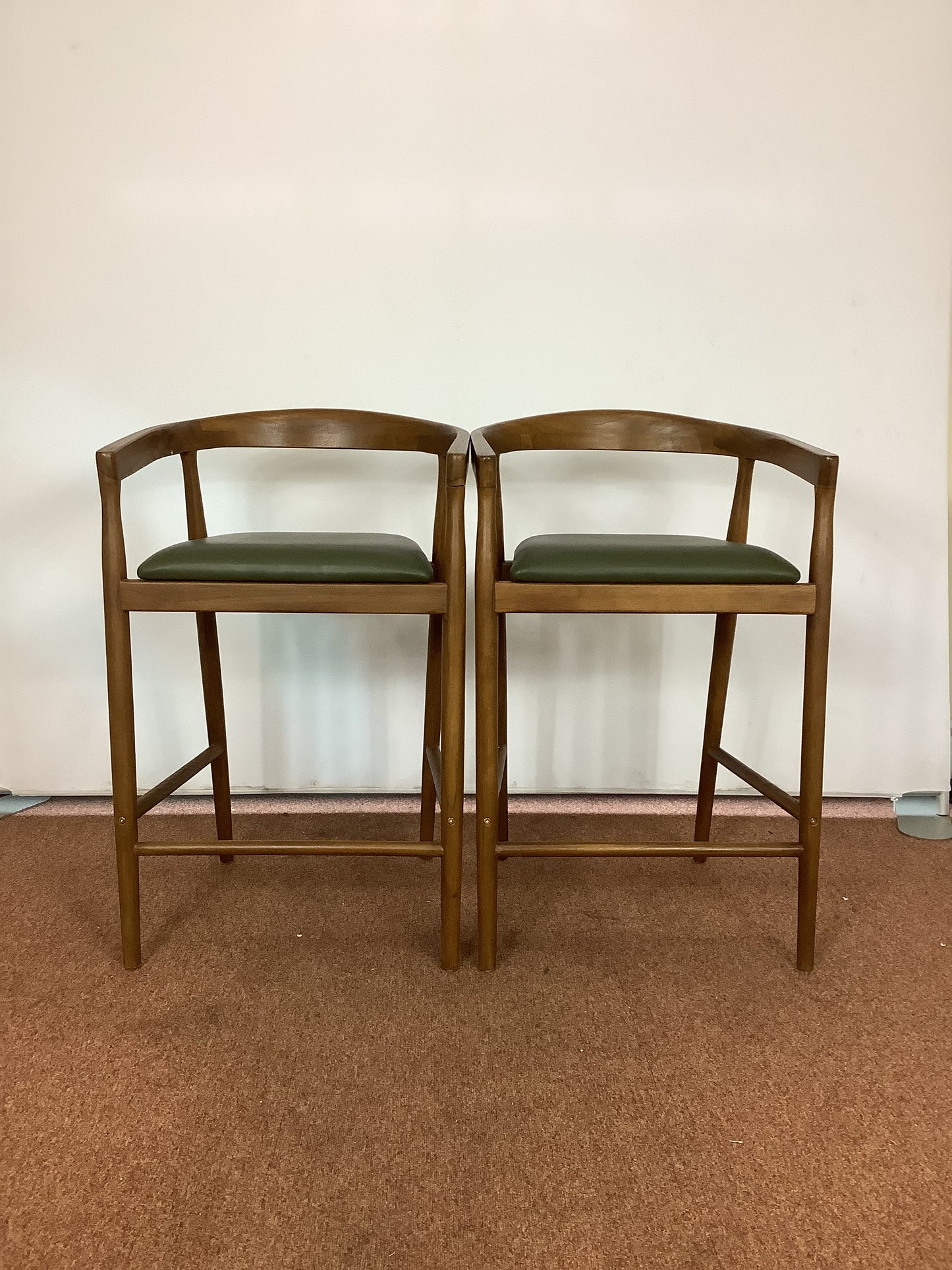 {PAIR} SKLUM Visby Dark Teak Wood & Military Green Leather High Stool F27446