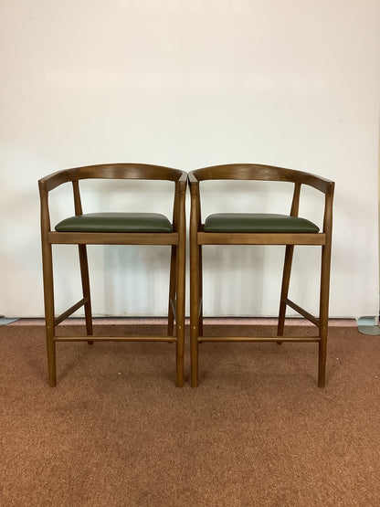 {PAIR} SKLUM Visby Dark Teak Wood & Military Green Leather High Stool F27446