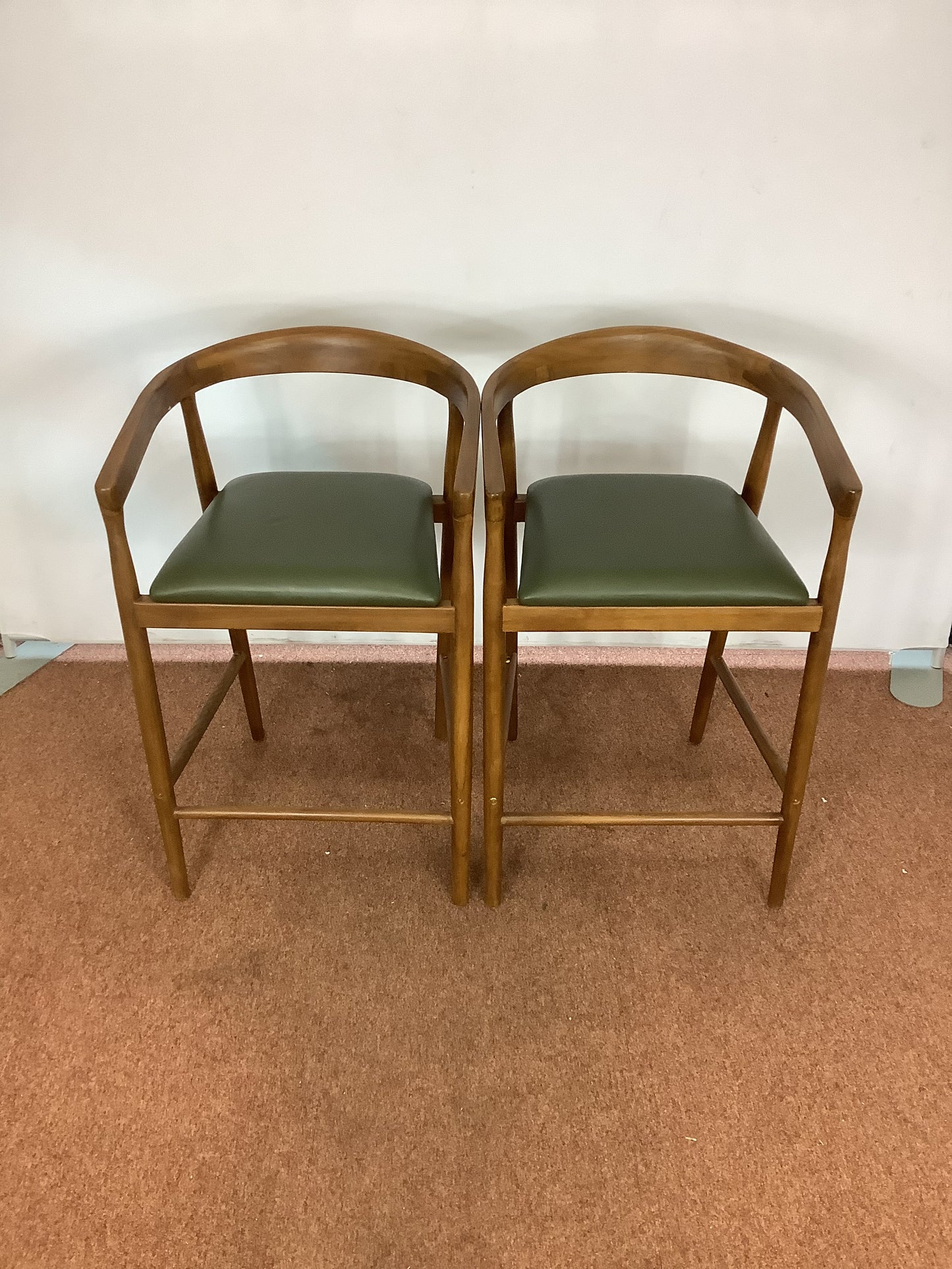 {PAIR} SKLUM Visby Dark Teak Wood & Military Green Leather High Stool F27446