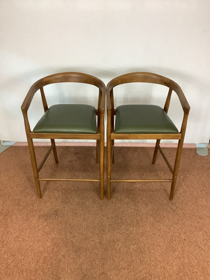 {PAIR} SKLUM Visby Dark Teak Wood & Military Green Leather High Stool F27446