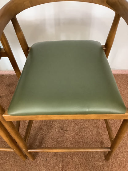 {PAIR} SKLUM Visby Dark Teak Wood & Military Green Leather High Stool F27446