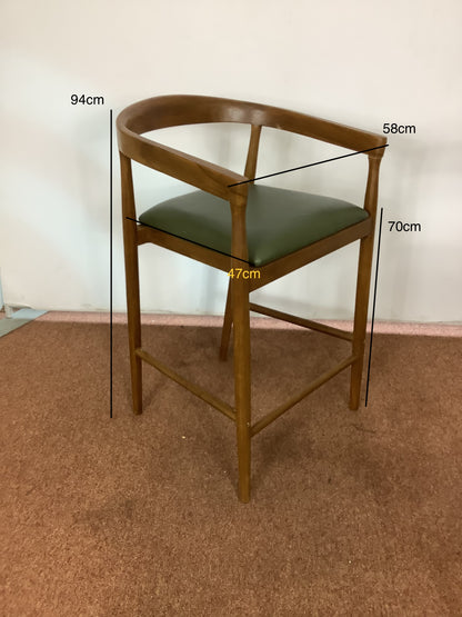 {PAIR} SKLUM Visby Dark Teak Wood & Military Green Leather High Stool F27446