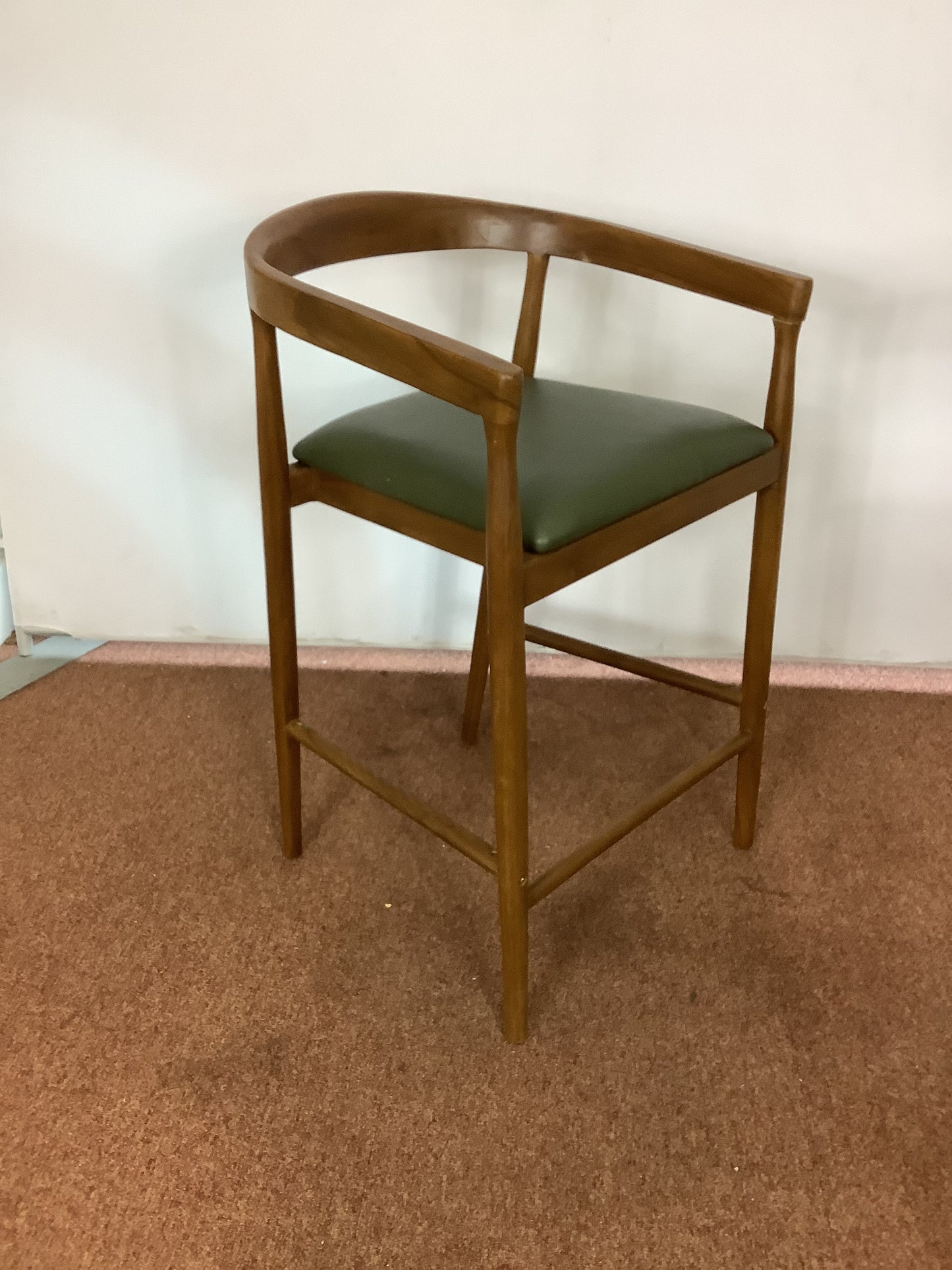 {PAIR} SKLUM Visby Dark Teak Wood & Military Green Leather High Stool F27446