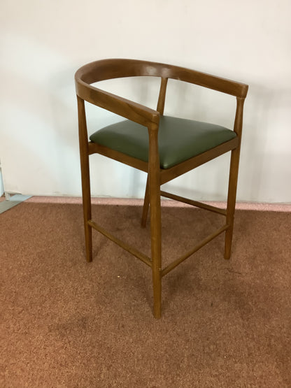 {PAIR} SKLUM Visby Dark Teak Wood & Military Green Leather High Stool F27446