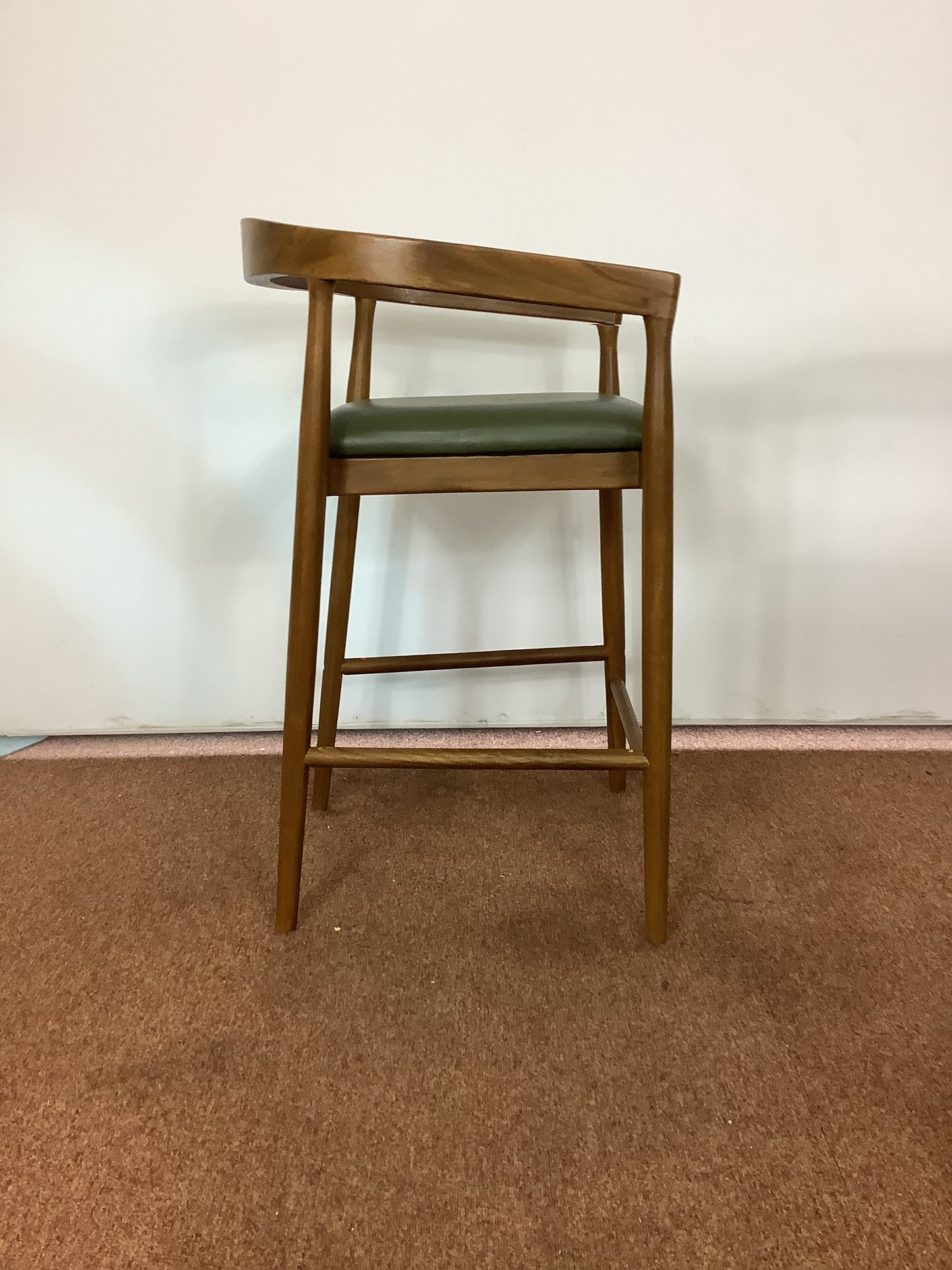 {PAIR} SKLUM Visby Dark Teak Wood & Military Green Leather High Stool F27446
