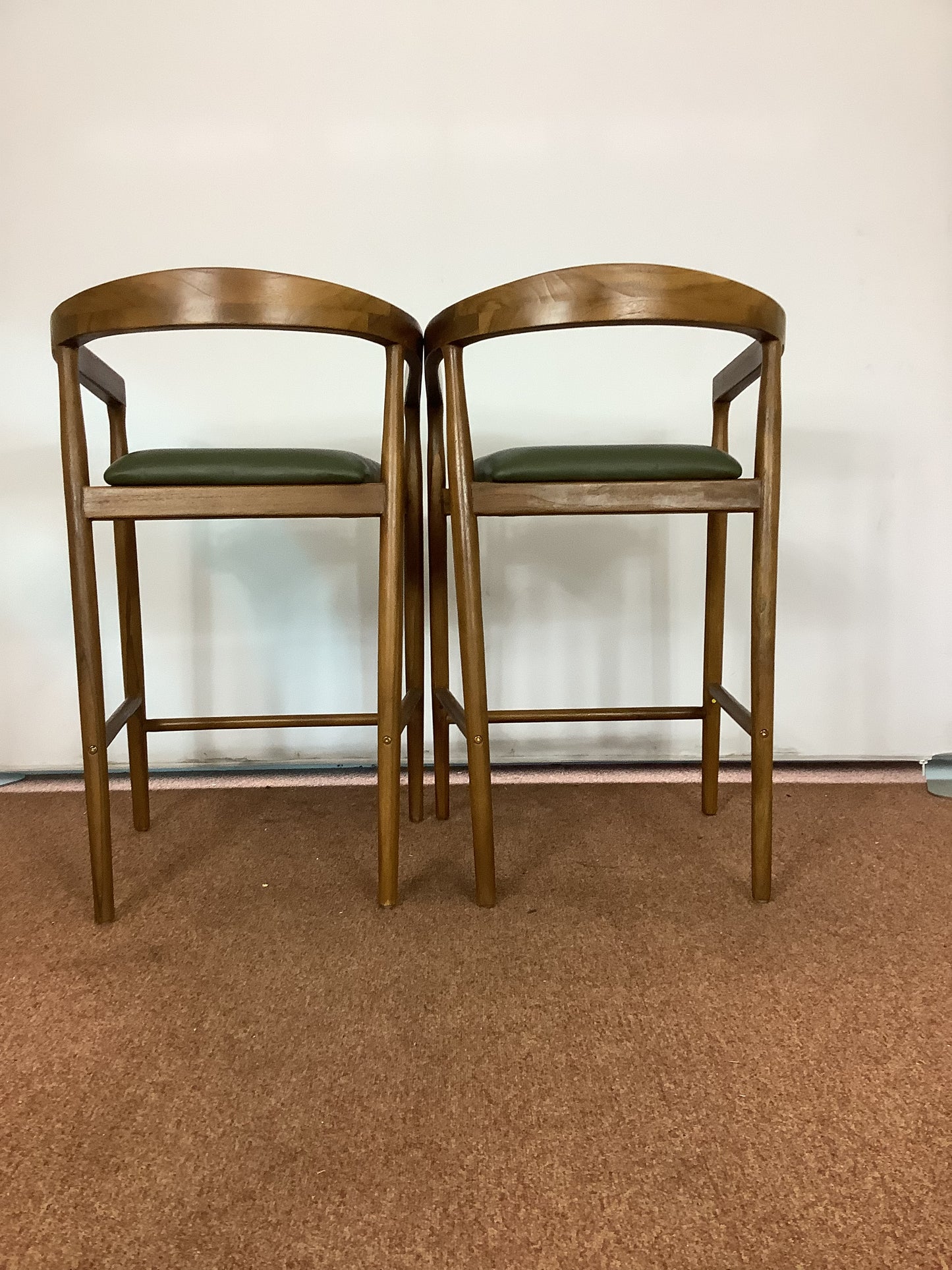 {PAIR} SKLUM Visby Dark Teak Wood & Military Green Leather High Stool F27446