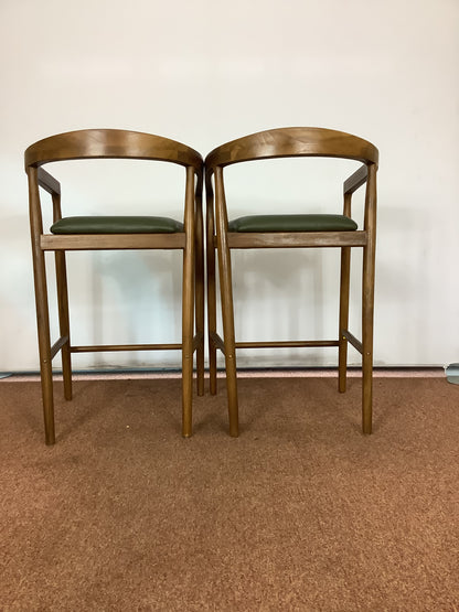 {PAIR} SKLUM Visby Dark Teak Wood & Military Green Leather High Stool F27446