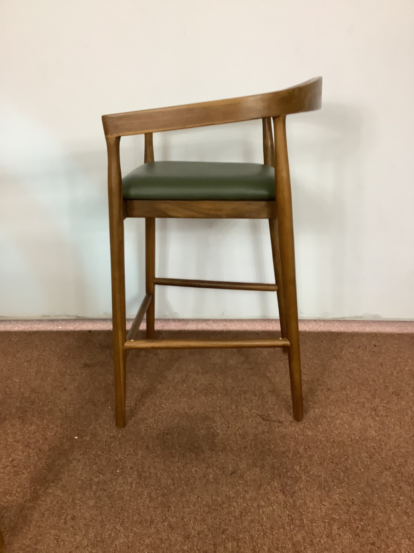{PAIR} SKLUM Visby Dark Teak Wood & Military Green Leather High Stool F27446