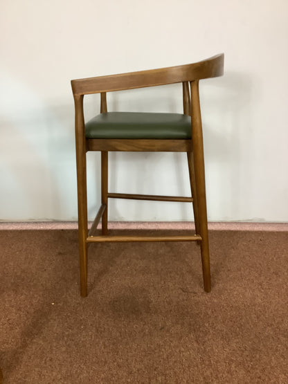 {PAIR} SKLUM Visby Dark Teak Wood & Military Green Leather High Stool F27446