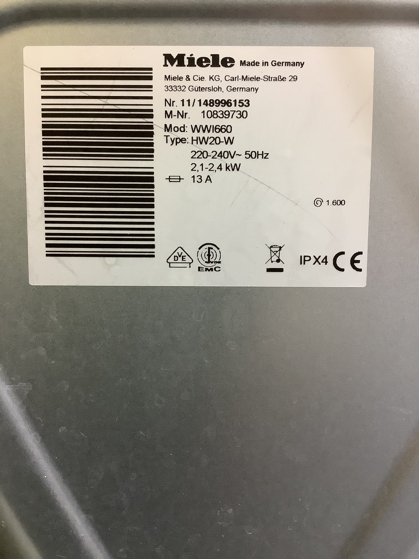 Miele Washing Machine 9kg WW1660 L48922
