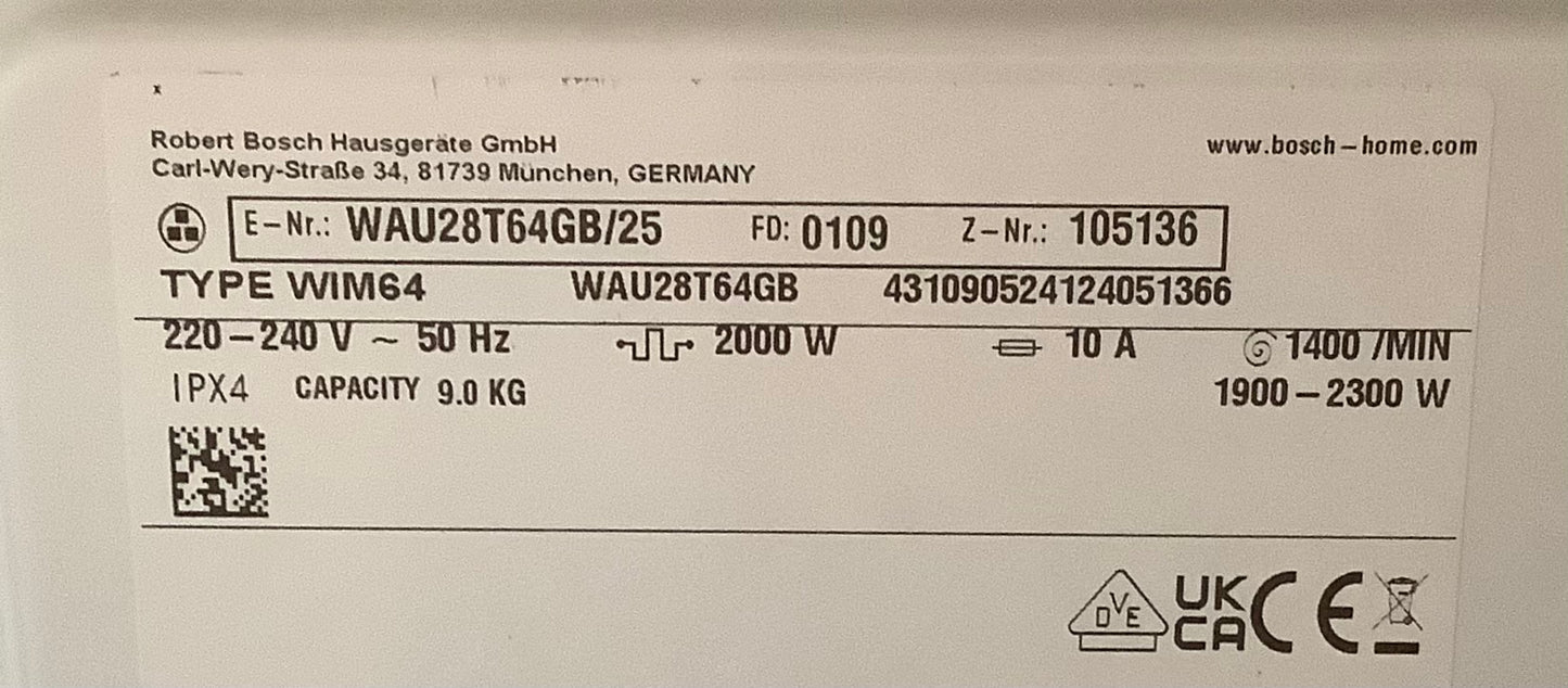 Bosch 9kg Washing Machine WAU28T64GB/25 L48889