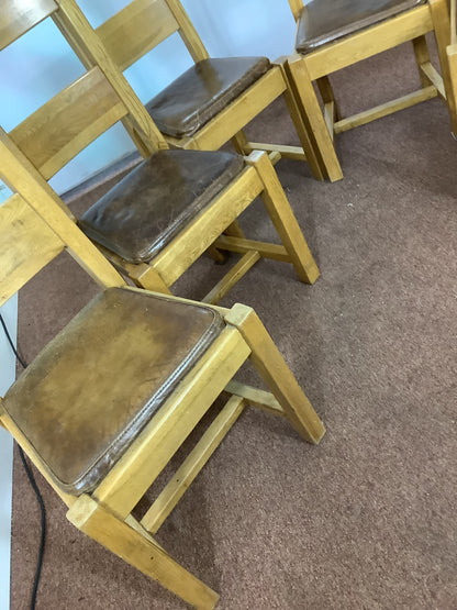 6 x Solid Oak Wood with Brown Leather Seat Dining Chairs F27291.