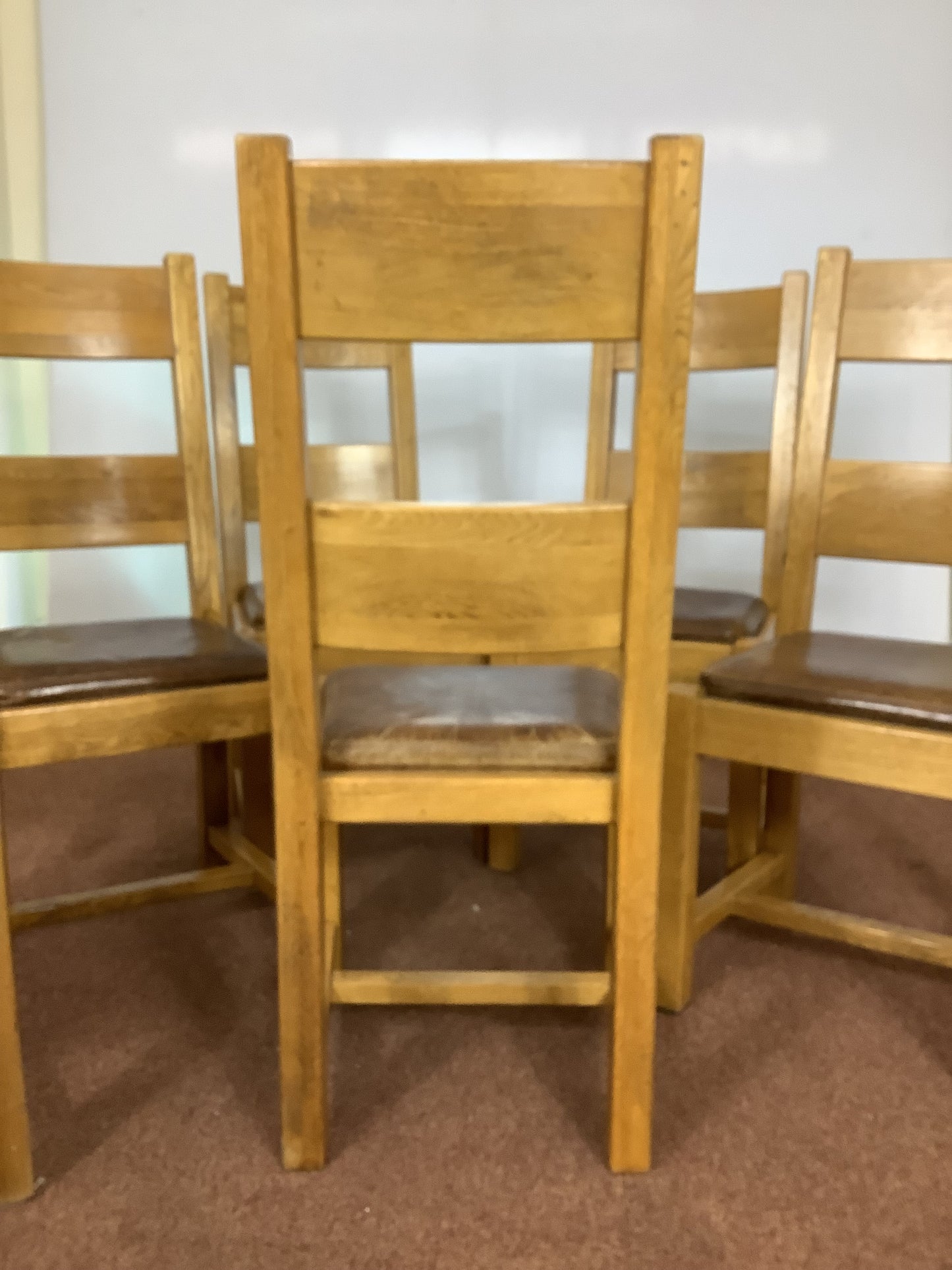 6 x Solid Oak Wood with Brown Leather Seat Dining Chairs F27291.
