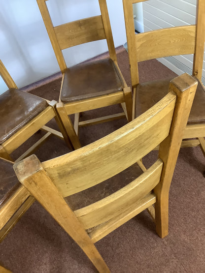 6 x Solid Oak Wood with Brown Leather Seat Dining Chairs F27291.