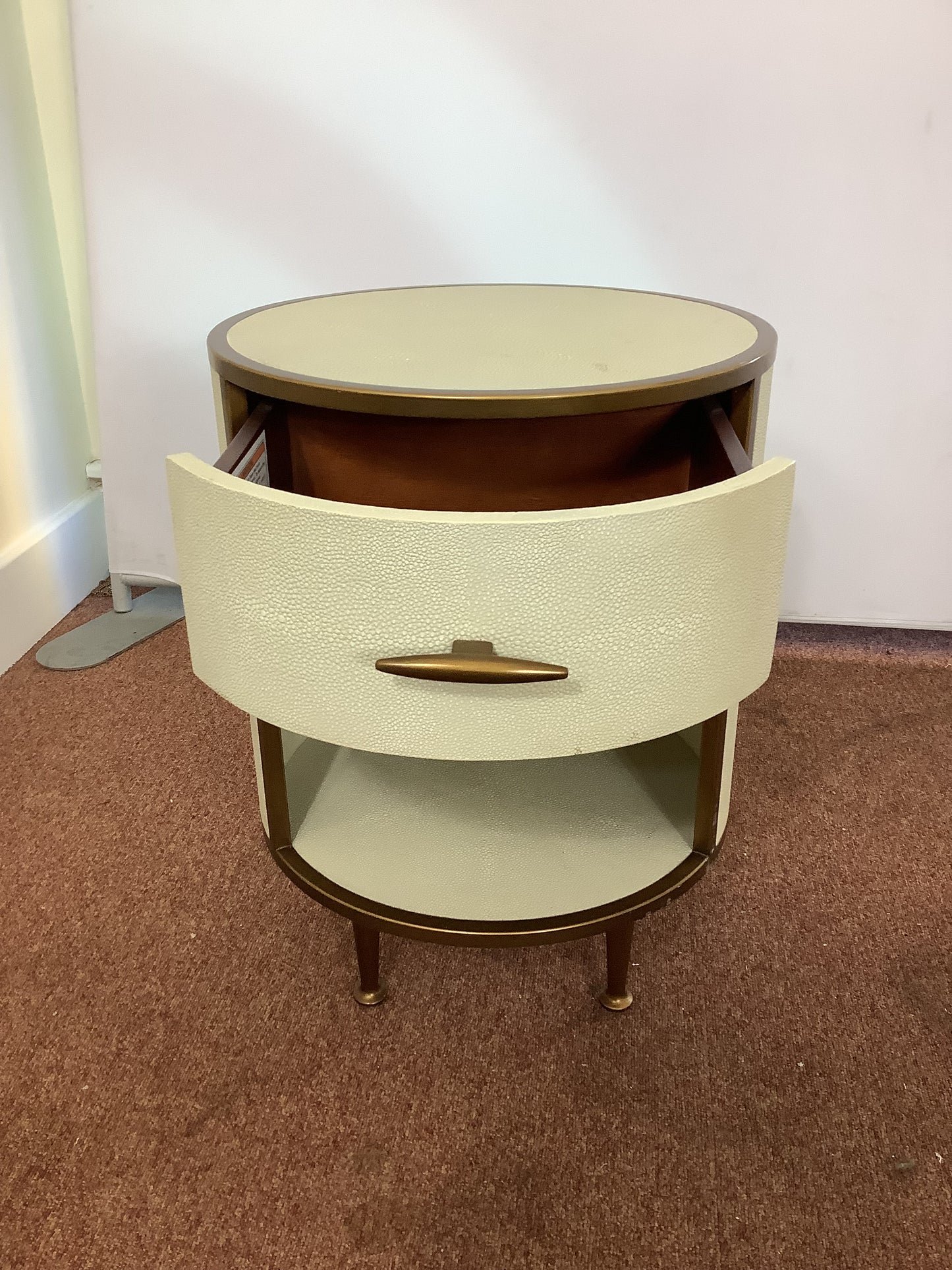 Round Ivory/Cream Faux Shagreen Bedside Cabinet F27293.