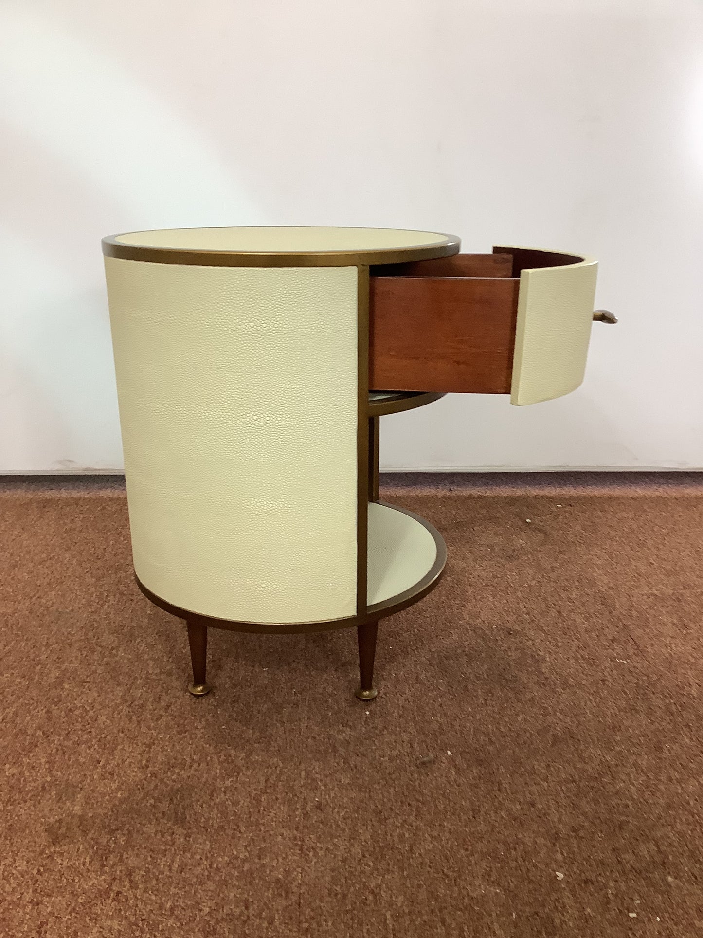 Round Ivory/Cream Faux Shagreen Bedside Cabinet F27293.