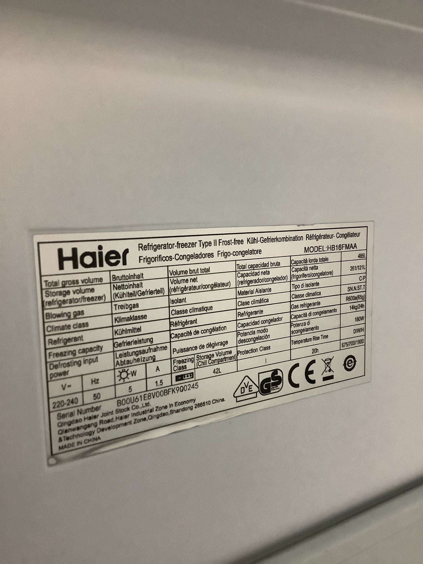 HAIER Fridge Freezer HB16FMAA, Double Door L51660
